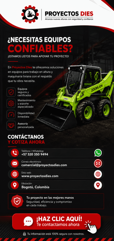 Banner flotante de Proyectos Dies para solicitar información y cotizar servicios de alquiler de equipos para trabajo en altura, plataformas elevadoras, manlift, minicargadores y maquinaria para construcción en Colombia.