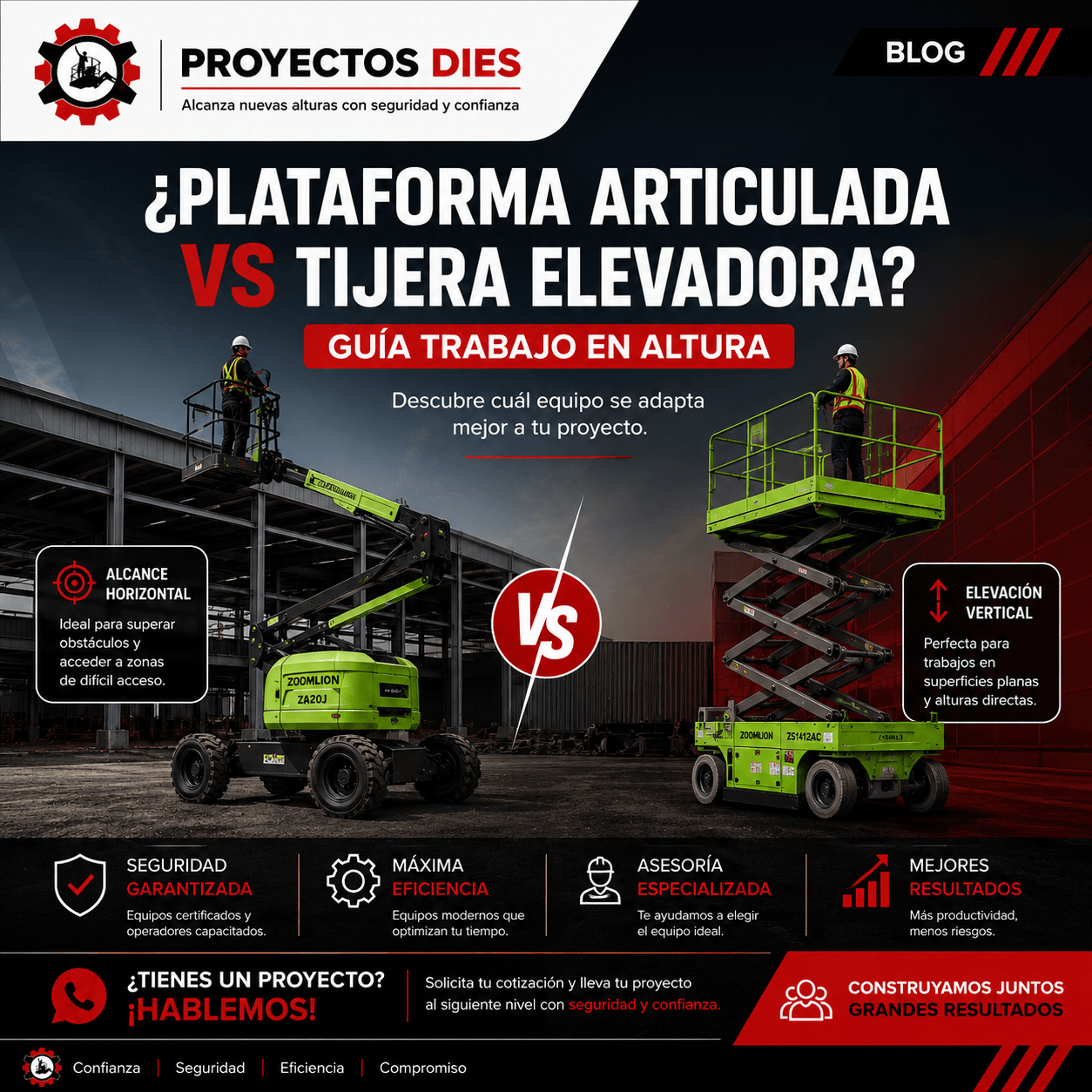 Comparativa entre plataforma articulada vs tijera elevadora mostrando equipos para trabajo en altura industrial