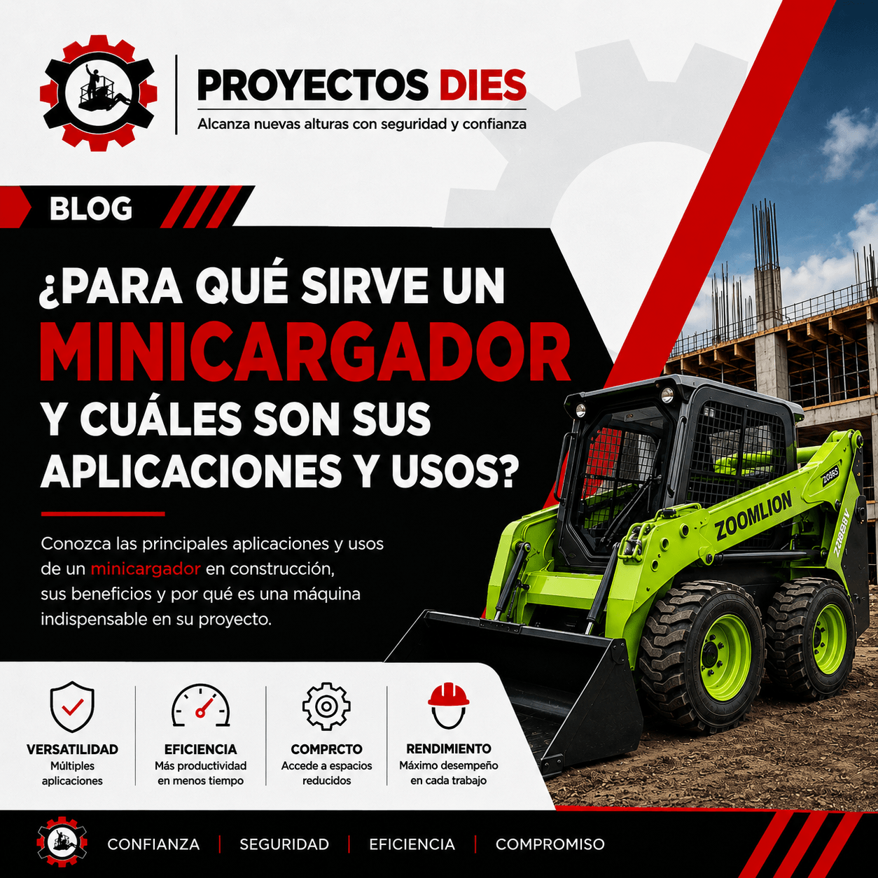 Minicargador Zoomlion utilizado en construcción para carga, excavación, movimiento de materiales y trabajos en espacios reducidos.