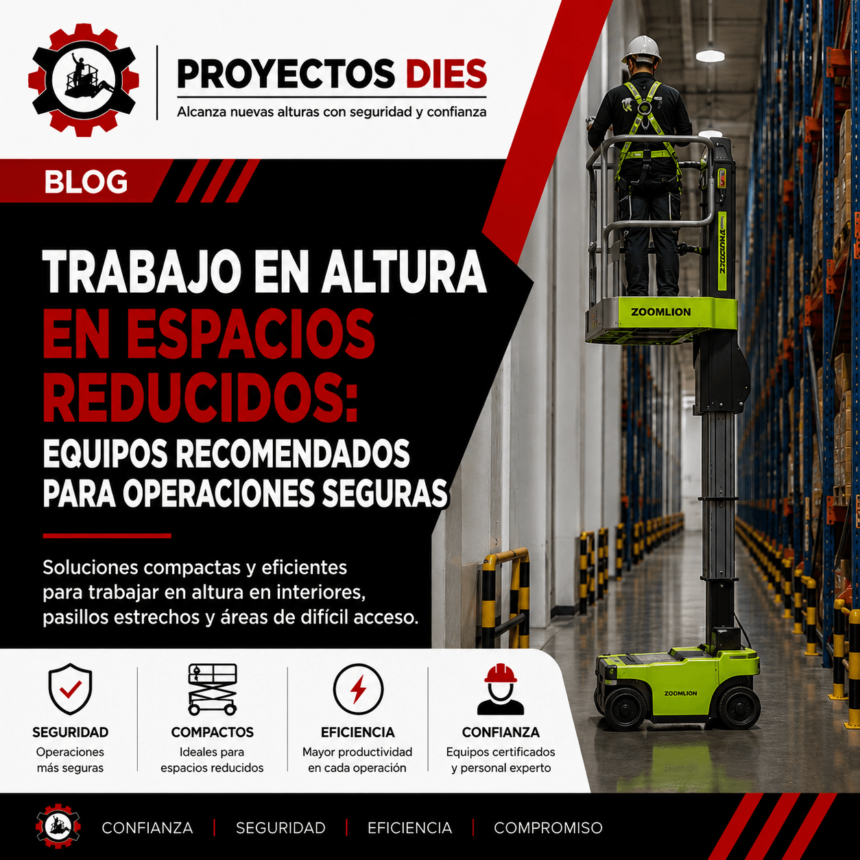 Trabajo en altura en espacios reducidos con mini tijera eléctrica — Proyectos Dies Bogotá